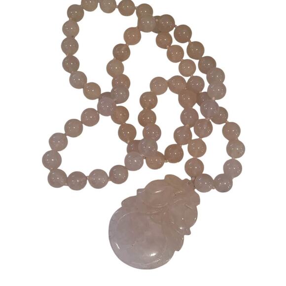 Antique Chinese Curved Pink Rose Quartz Plum Pendant Bead Necklace - Picture 3 of 9